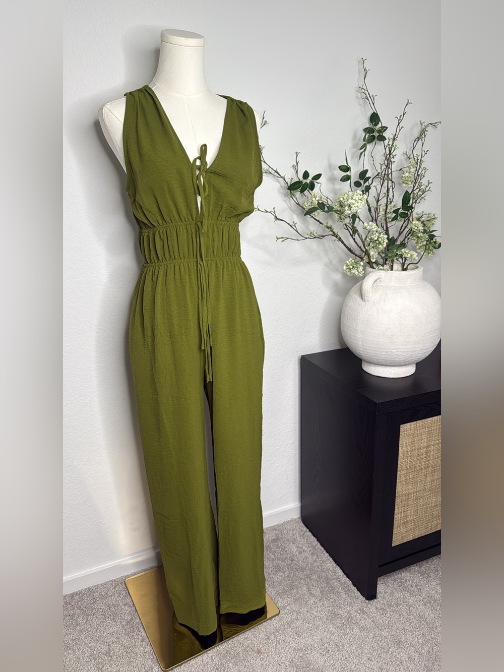 Sleeveless Olive Green Tie-Front Jumpsuit